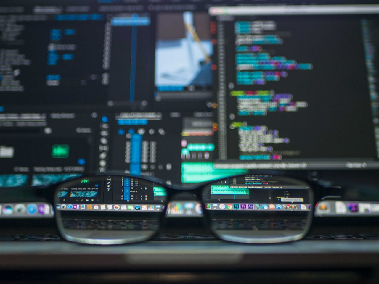 Home Eyeglasses reflecting computer code on a monitor, ideal for technology and programming themes.